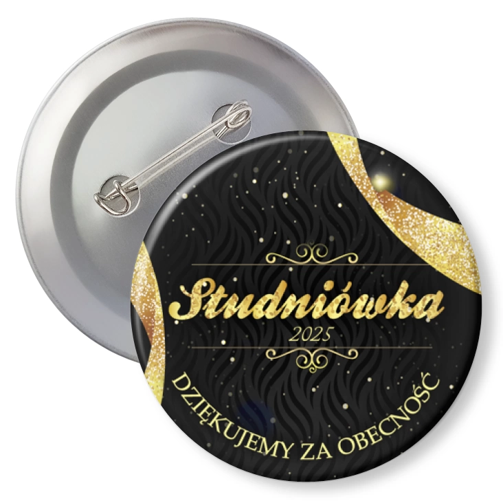 przypinkaPodziękowanie dla gości Studniówki ze złotym napisem na czarnym tle