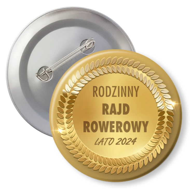 przypinka z agrafką Rodzinny Rajd Rowerowy na złotym tle