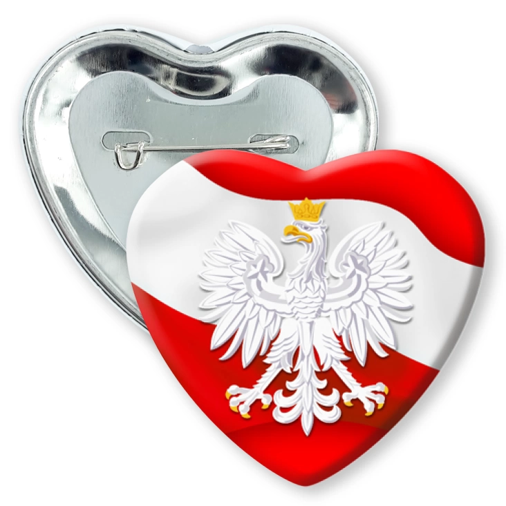 przypinka sercePolska serce orzeł w koronie na czerwonym polu z białą falą