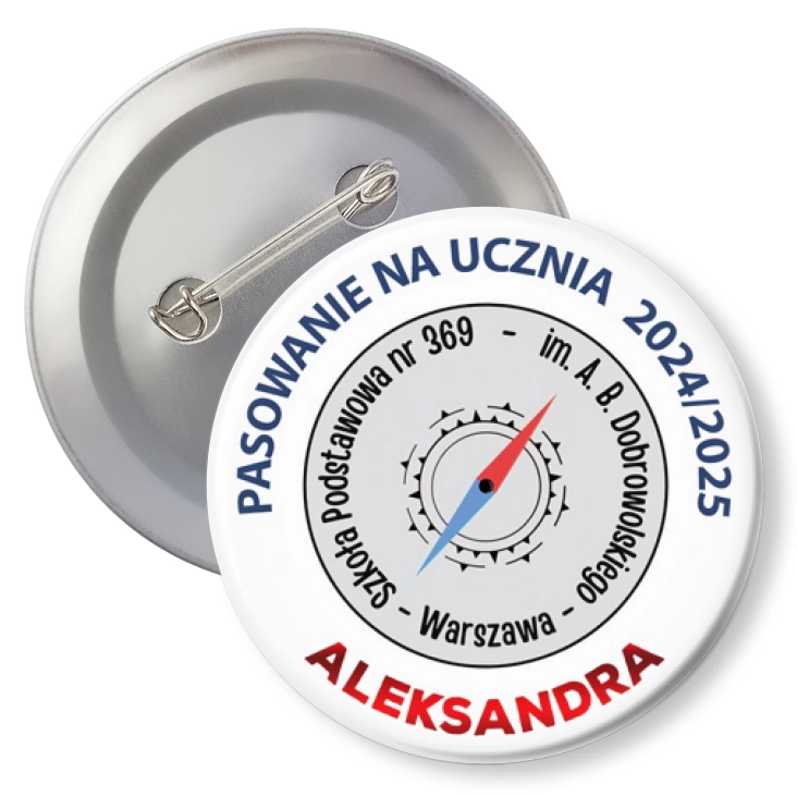 przypinka z agrafką SP 369 Warszawa Pasowanie na Ucznia