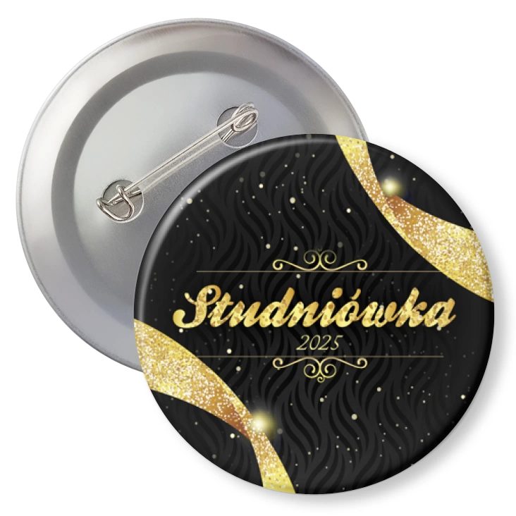 przypinka z agrafką Studniówka ze złotym napisem na czarnym tle