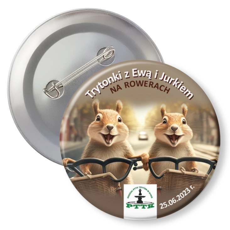 przypinka z agrafką Trytonki z Ewą i Jurkiem na rowerach
