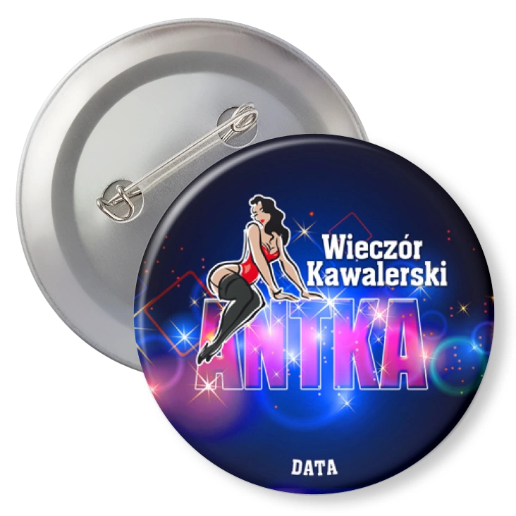 przypinka z agrafką Wieczó kawalerski z diablicą i imieniem