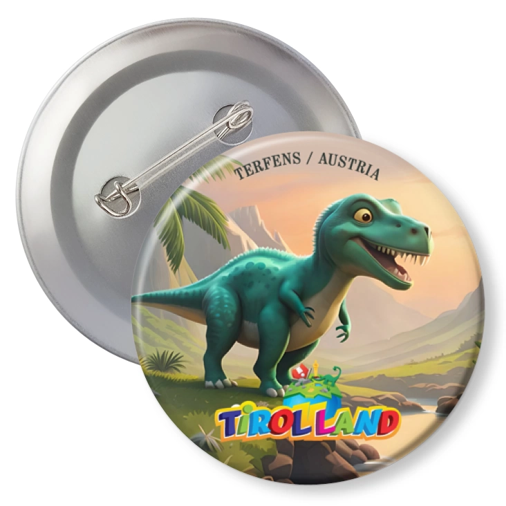 przypinka agrafka Zielony tyranozaur na tle gór Tirolland