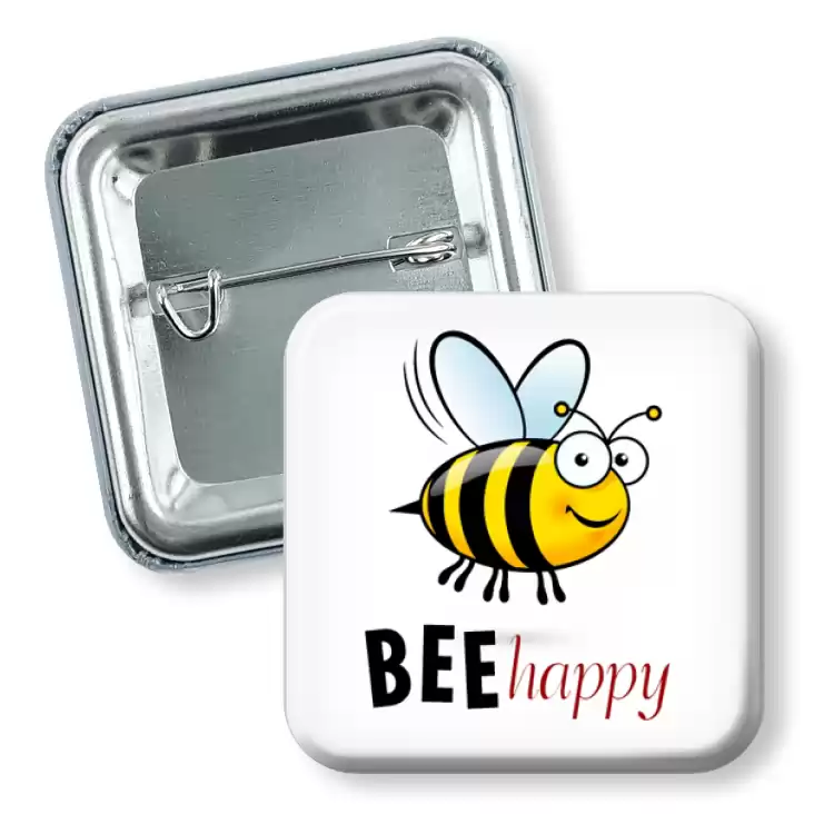 przypinka kwadrat Bee happy Bądź szczęśliwy