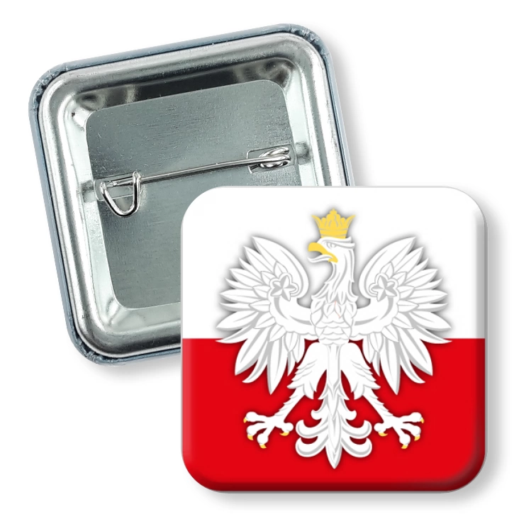 przypinka kwadratOrzeł na tle flagi Polski