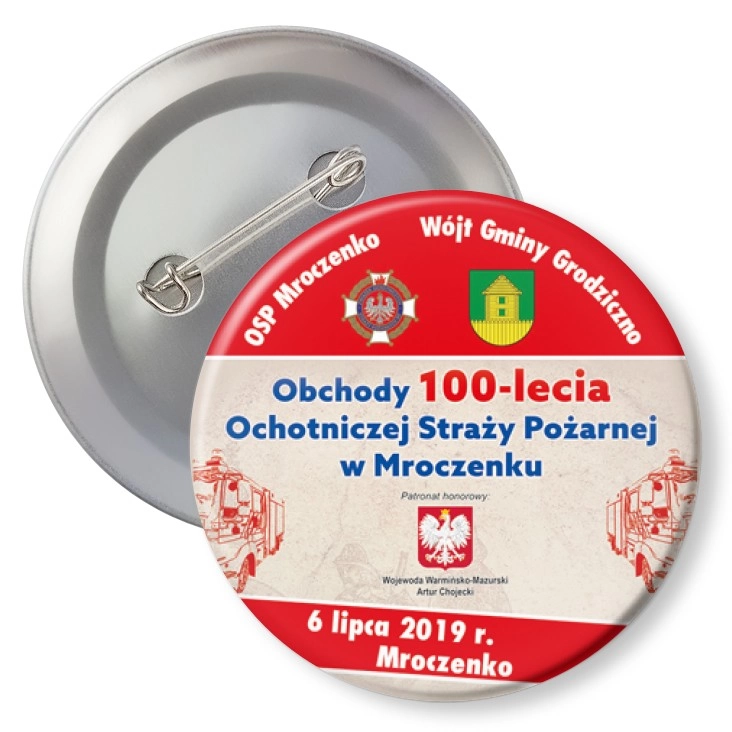 przypinka z agrafką Obchody 100-lecia OSP w Mroczenku