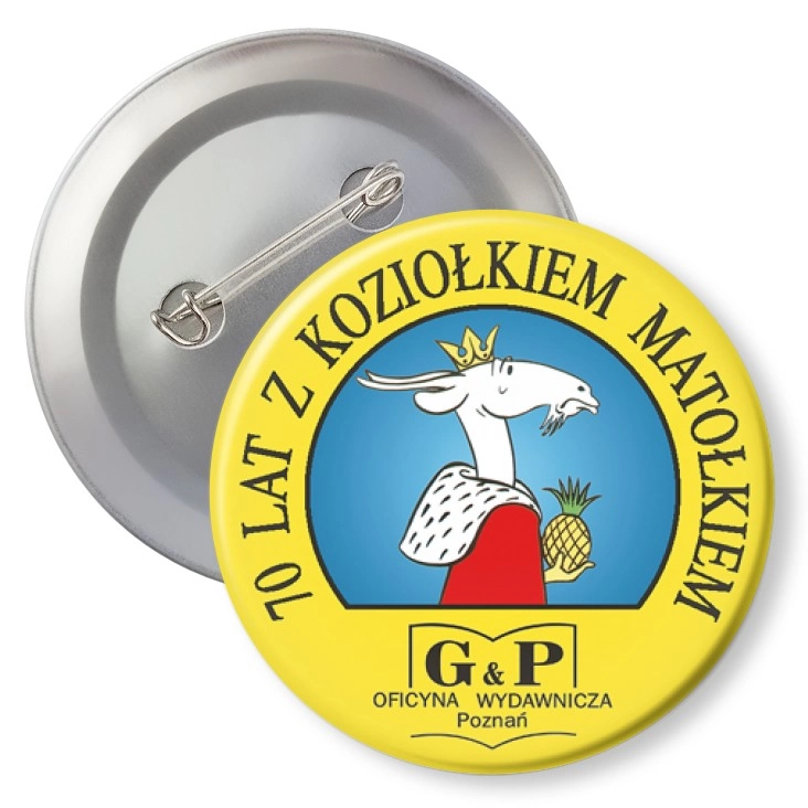 przypinka z agrafką 70 lat z Koziołkiem Matołkiem