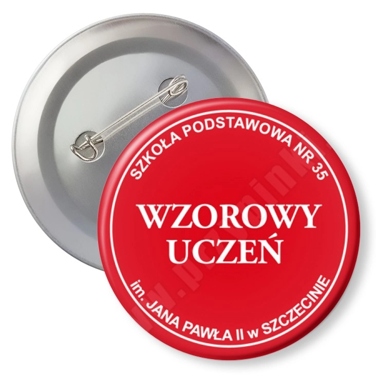 przypinka z agrafką Wzorowy Uczeń SP35 Szczecin - czerwony