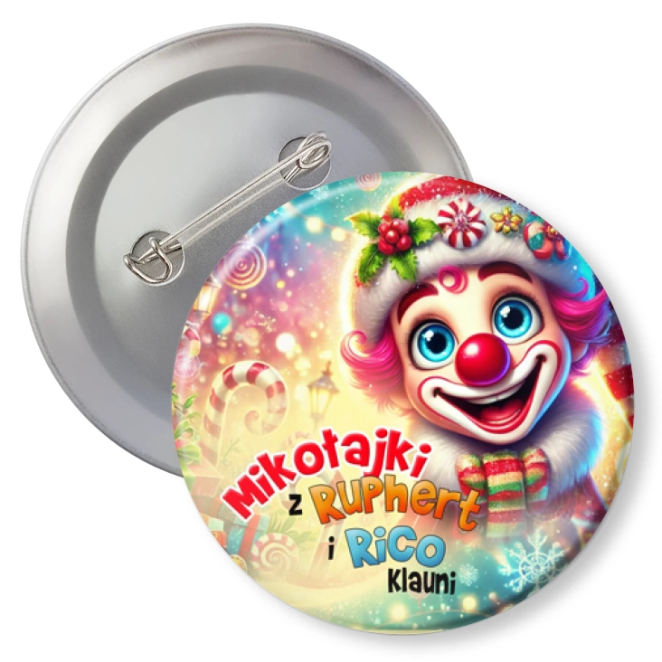 przypinka z agrafką Ruphert i Rico Klauni Uśmiechnięty Klaun