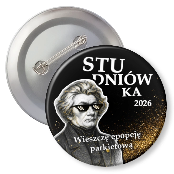 przypinka z agrafką Studniówka z Mickiewiczem na tle ze złotym brokatem