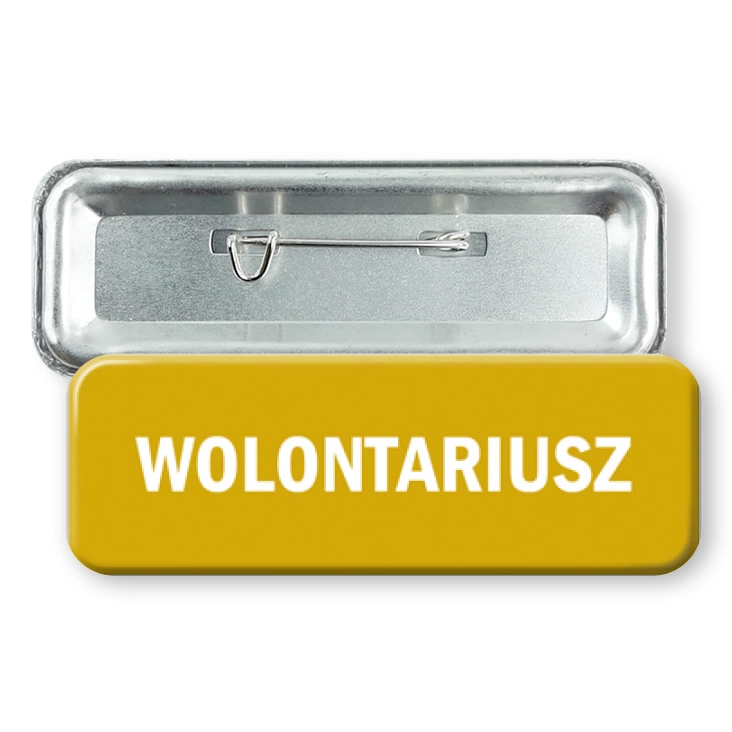przypinka prostokątWolontariusz na ciemnożółtym tle