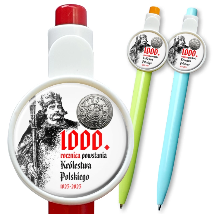 przypinka długopis 1000 rocznica Królestwa Polskiego z denarem