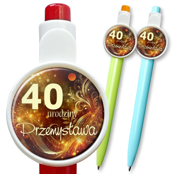 przypinka długopis 40 urodziny tlo ciemne zloto