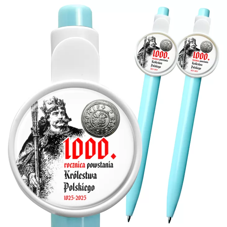 przypinka długopis 1000 rocznica Królestwa Polskiego z denarem