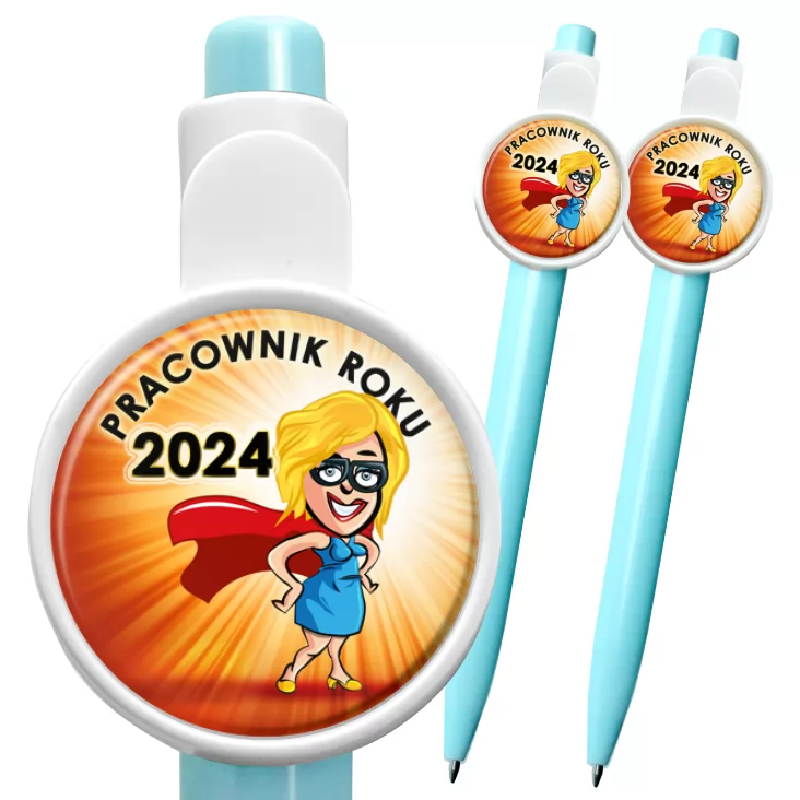 przypinka długopis Pracownik Roku superwoman w okularach