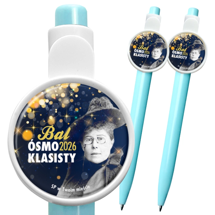 przypinka długopis Bal Ósmoklasisty Maria Konopnicka na granatowym tle
