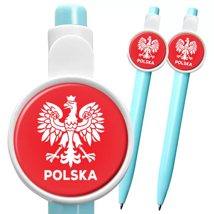 przypinka długopis Orzeł i napis Polska na czerwonym tle
