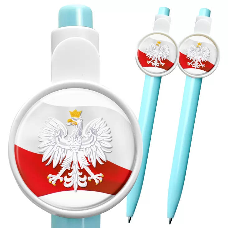 przypinka długopis Orzeł w koronie na tle powiewającej flagi Polski