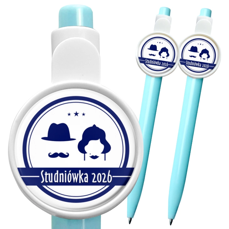 przypinka długopis Studniówka granatowa retro z wąsem i kapeluszem