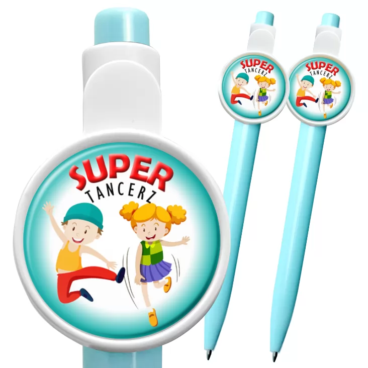 przypinka długopis Super tancerz na turkusowym tle