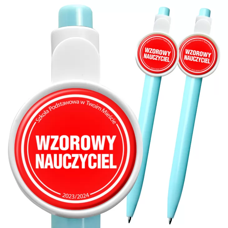przypinka długopis Wzorowy nauczyciel czerwone tło