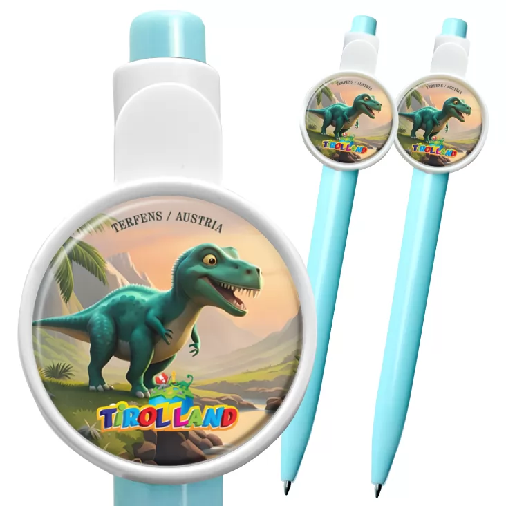 przypinka długopis Zielony tyranozaur na tle gór Tirolland