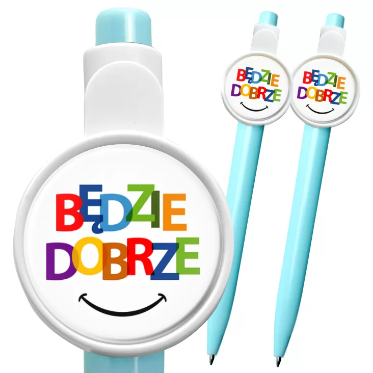 przypinka długopis Kolorowy napis Będzie dobrze