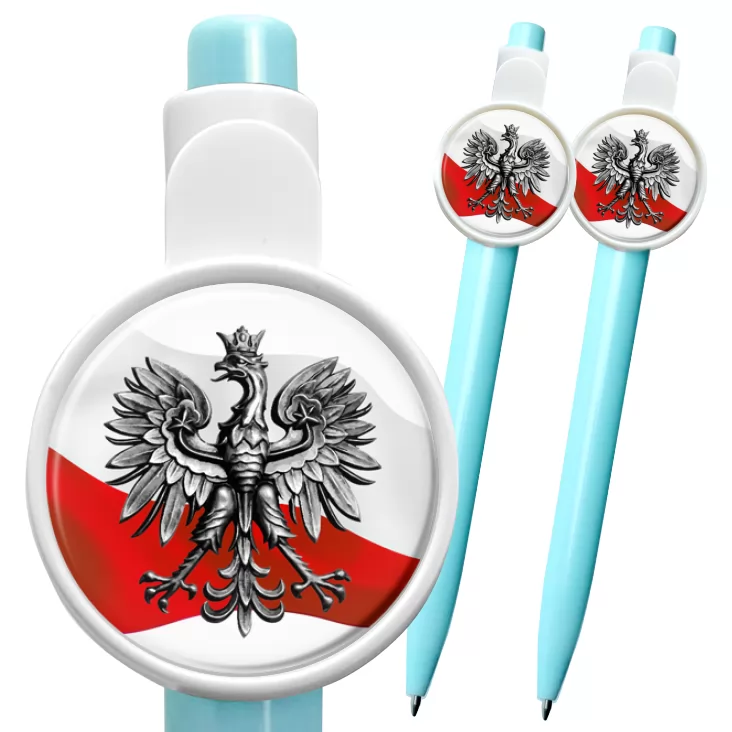 przypinka długopis Orzeł Polski na tle flagi państwowej