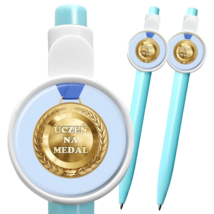 przypinka długopis Uczeń na medal na niebieskim tle