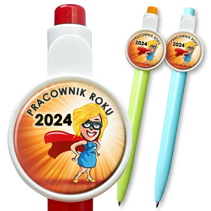 przypinka długopis Pracownik Roku superwoman w okularach