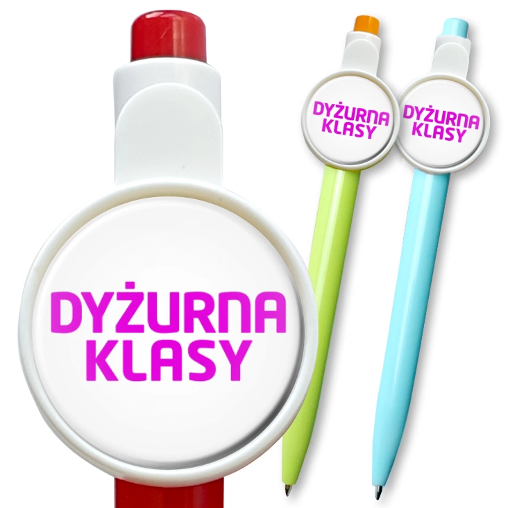 przypinka długopis Dyżurna klasy różowy napis