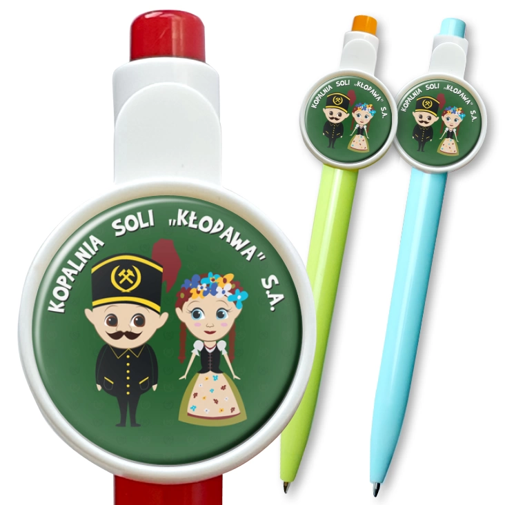 przypinka długopis Kopalnia Soli Kłodawa na zielonym tle