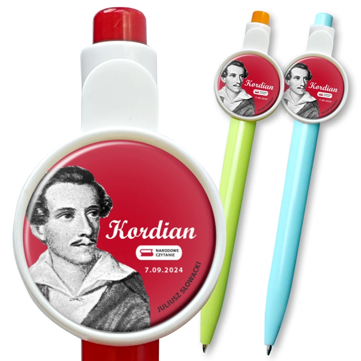 przypinka długopis Narodowe czytanie Kordian Juliusz Słowacki na czerwonym tle