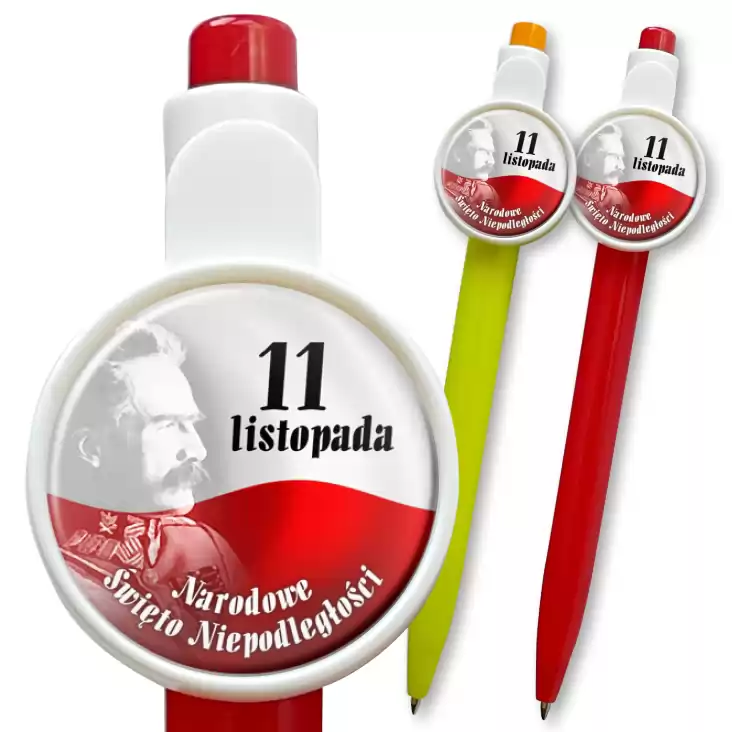 przypinka długopis Narodowe Święto Niepodległości Piłsudski na tle flagi