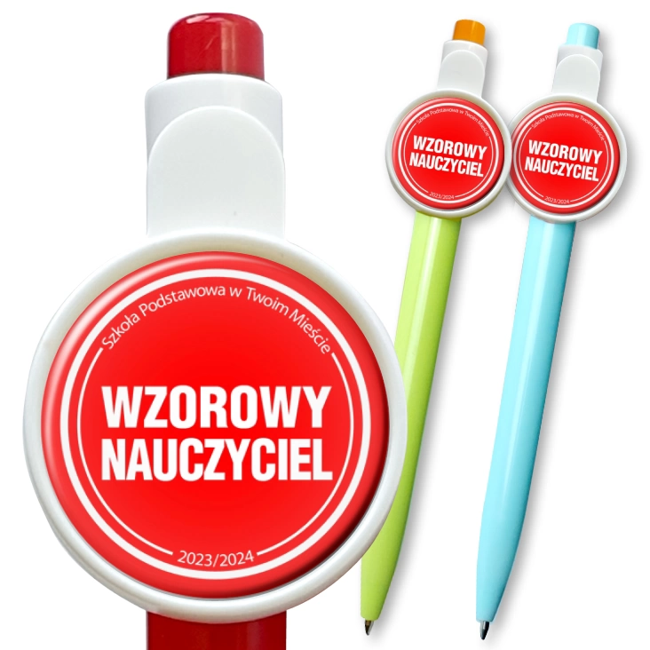 przypinka długopis Wzorowy nauczyciel czerwone tło