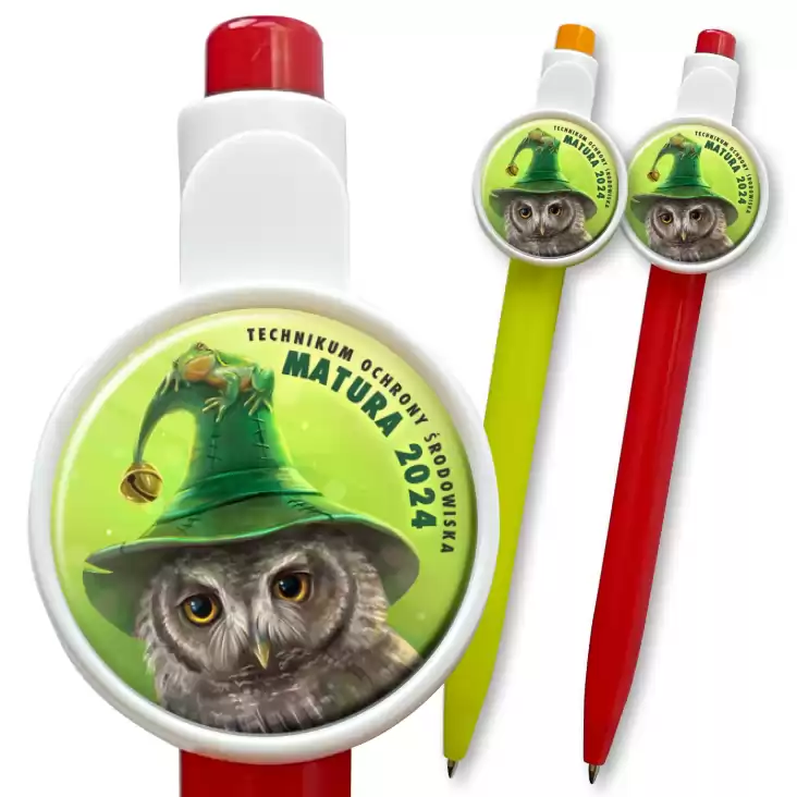 przypinka długopis Matura sowa w zielonym kapeluszu