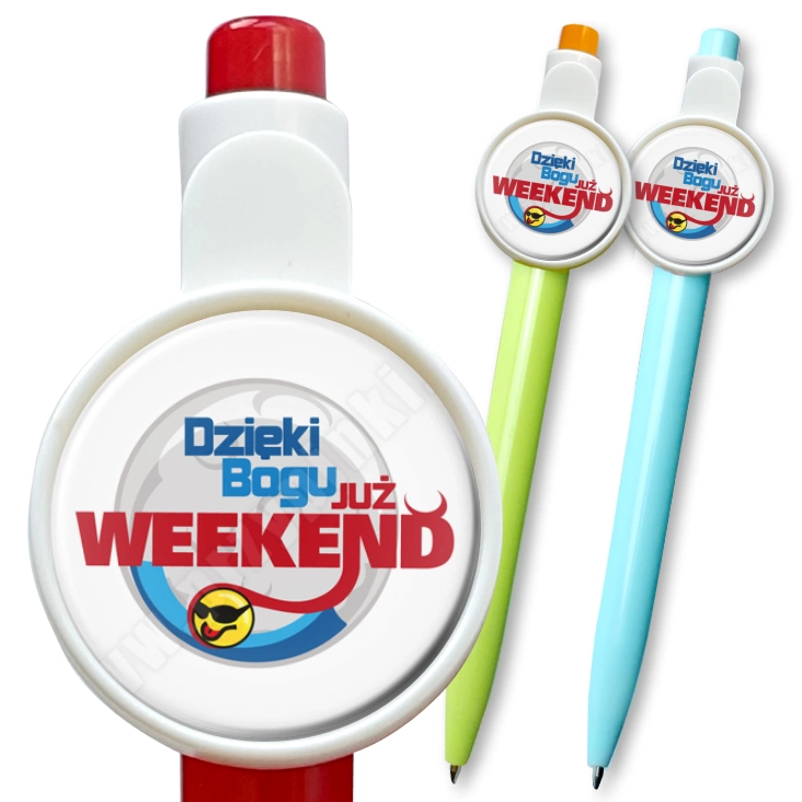 przypinka długopis Dzięki Bogu już weekend
