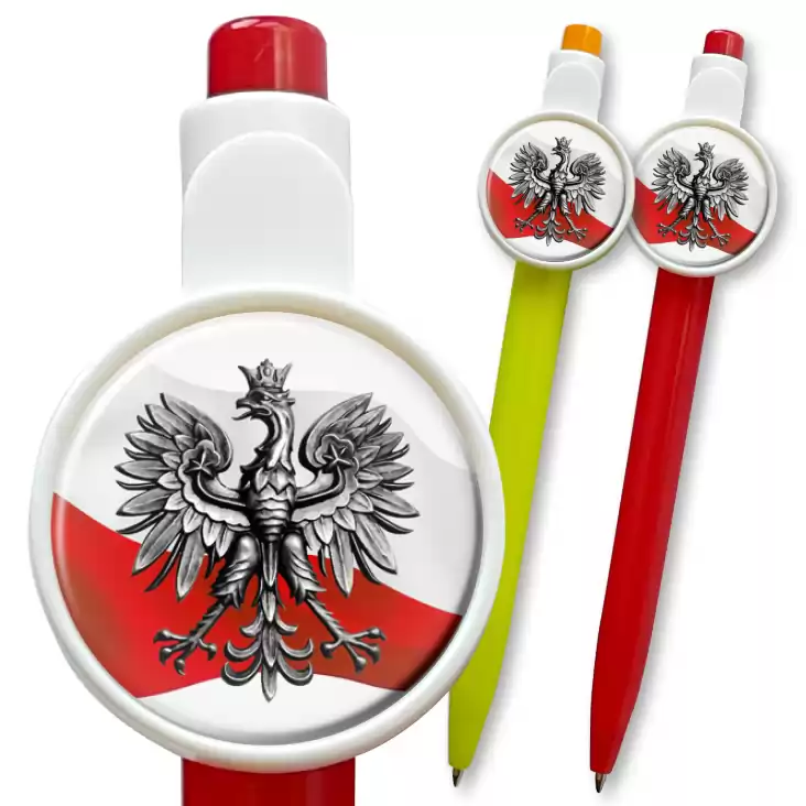 przypinka długopis Orzeł Polski na tle flagi państwowej