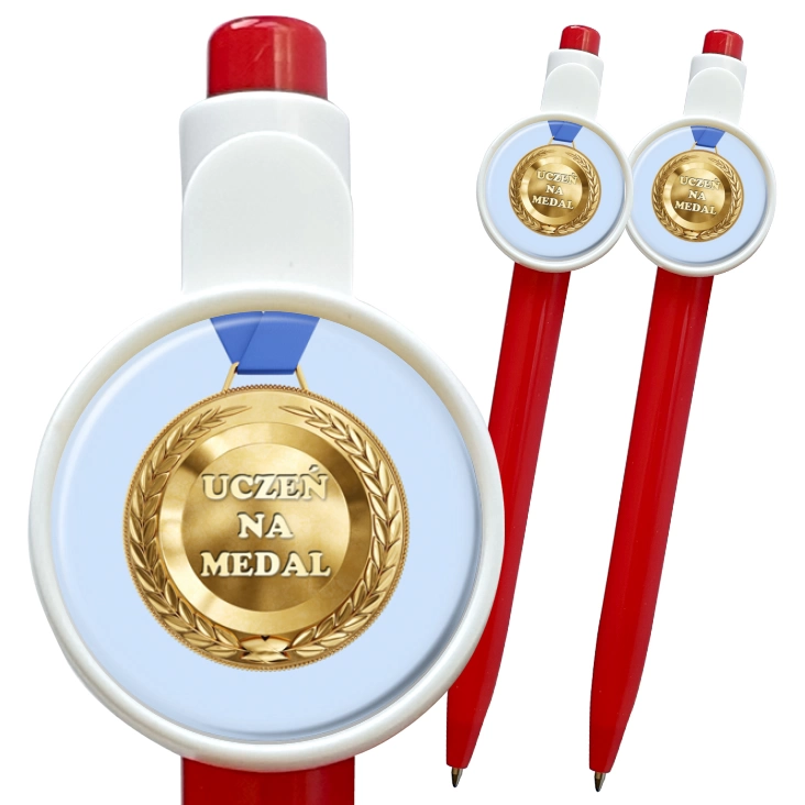 przypinka długopis Uczeń na medal na niebieskim tle