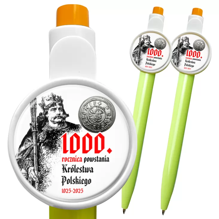 przypinka długopis 1000 rocznica Królestwa Polskiego z denarem
