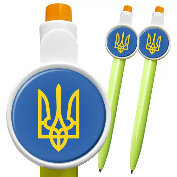 przypinka długopis Herb Ukraina na niebieskim tle
