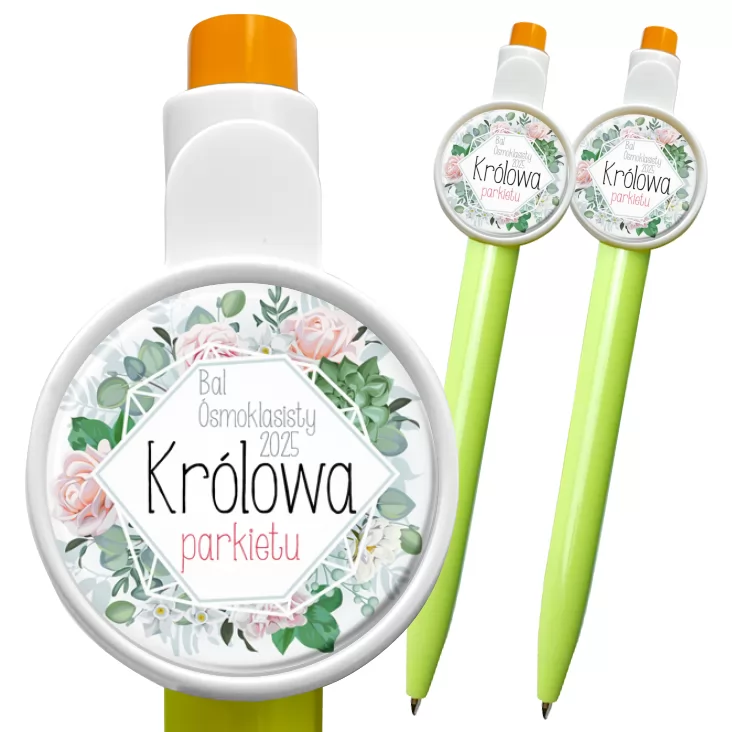 przypinka długopis Królowa parkietu na Bal Ósmoklasisty z kwiatami