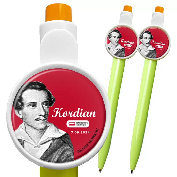 przypinka długopis Narodowe czytanie Kordian Juliusz Słowacki na czerwonym tle