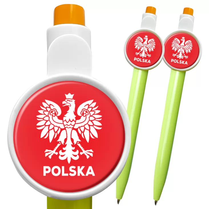 przypinka długopis Orzeł i napis Polska na czerwonym tle