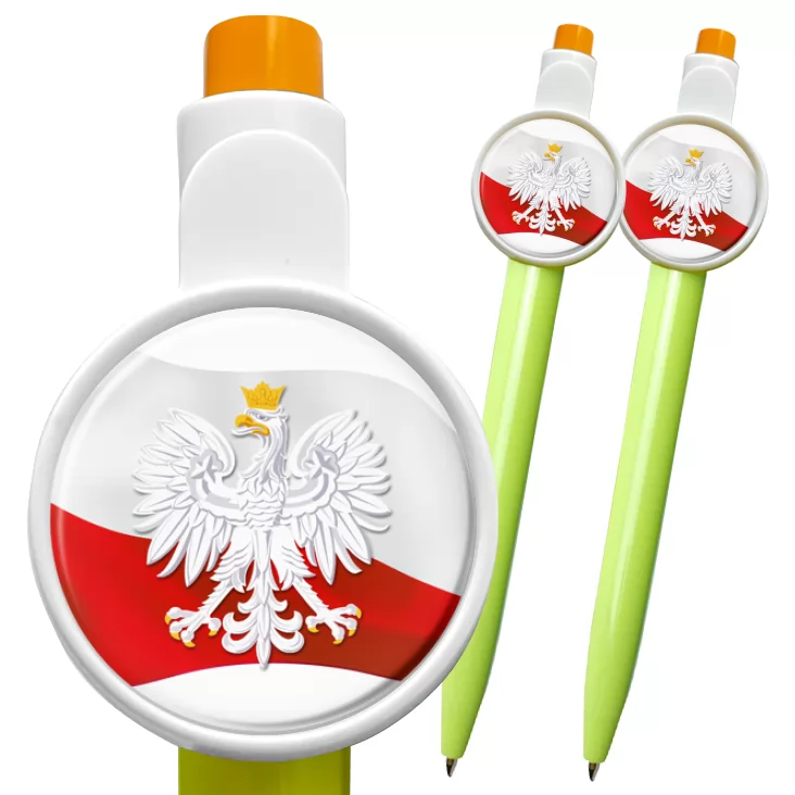 przypinka długopis Orzeł w koronie na tle powiewającej flagi Polski