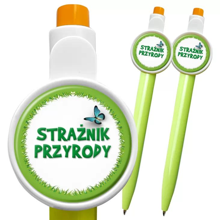 przypinka długopis Strażnik Przyrody trawa z motylem