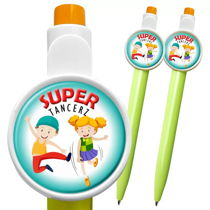 przypinka długopis Super tancerz na turkusowym tle