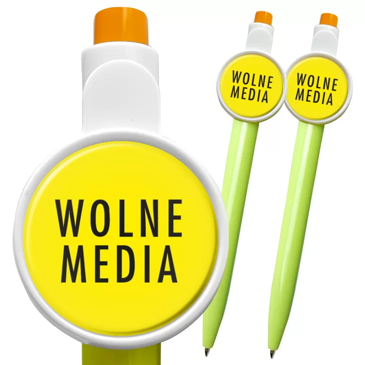 przypinka długopis Wolne media na żółtym tle