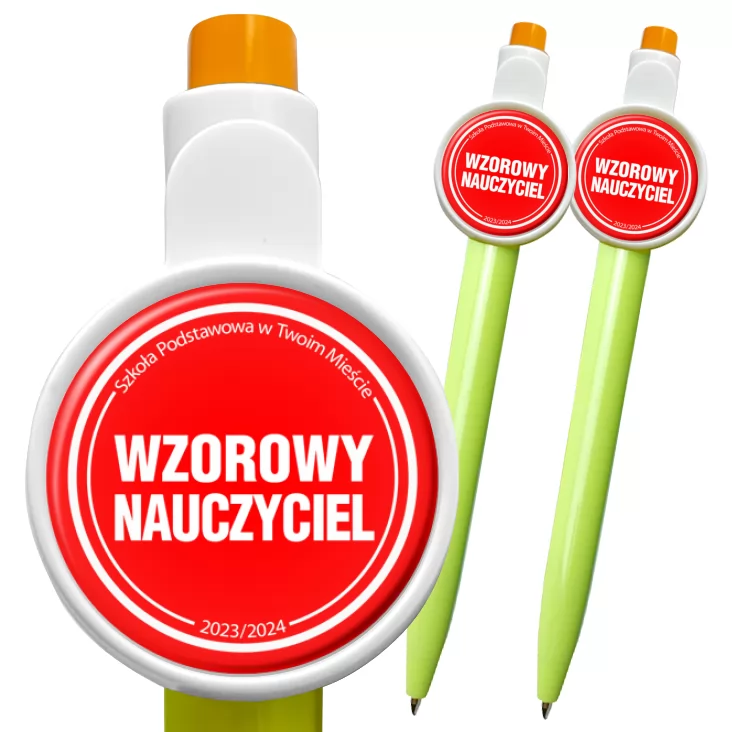przypinka długopis Wzorowy nauczyciel czerwone tło